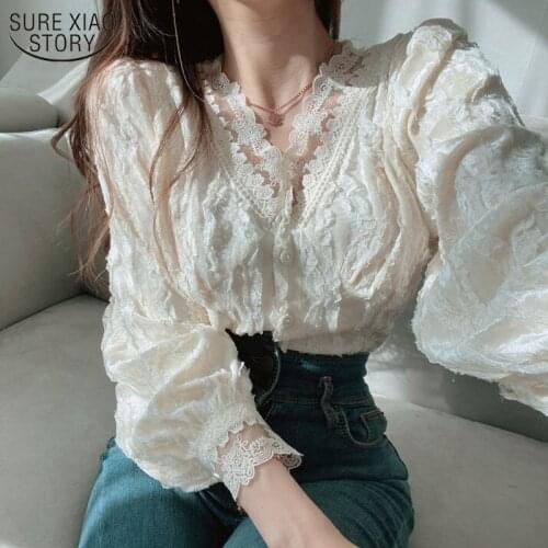 2021 New Blusas Spring Long Sleeve Button Up Shirt Sweet Women Blouse Korean Chic Lace Shirt Women Tops V-neck Clothes 13334