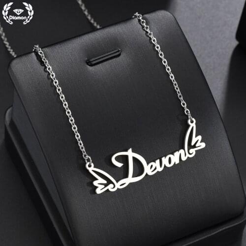 Diamon Personalized New Fashion Stainless Steel Necklace For Women Girls Angel Wings Custom Name Letter Choker Gold Jewelry Gift