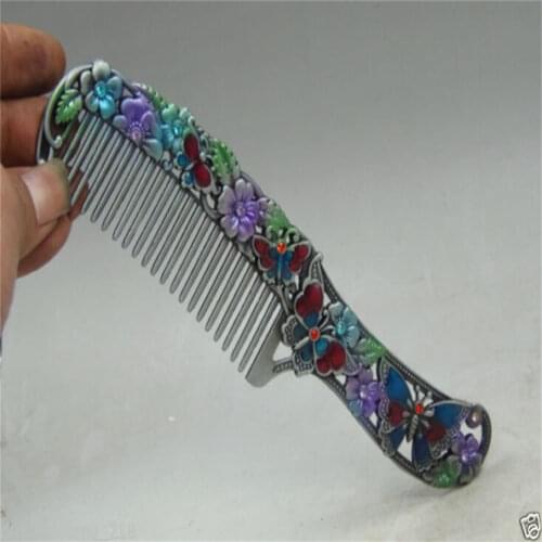 Hermoso exquisito trabajo a mano chino Miao plata tallada con flor delicado peine Noble