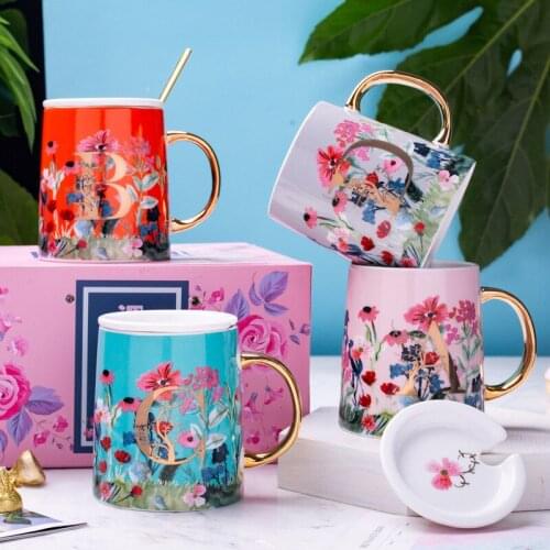 360ml Creative Nordic Flower English Letter Design Water Mug With Lids And Spoon Ceramic Personality Couple Coffee Cup