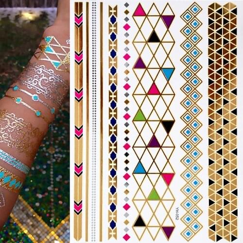 Metallic Temporary Tattoos for Women Teens Girls - 1 Sheets Gold Silver Temporary Tattoos Glitter Shimmer Designs Jewelry Tattoo