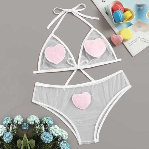 Sexy Lingerie Women Sweet Heart Embroidery Mesh Underwear Babydoll Lenceria Mujer Erotic Lace Up Transparent Bra Briefs Langerie
