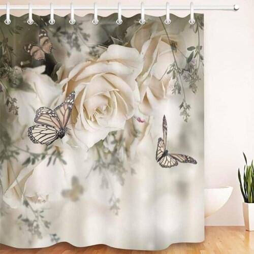 White Rose Flowers Plant Butterfly Shower Curtain Spring Floral Country Scenery European Home Bathroom Decor Waterproof Curtains