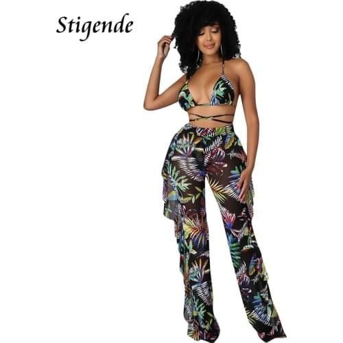Stigende Sexy See Through Ruffle 3 Piece Bikini Set Women Palm Leaf Print Mesh Swimsuit Cover Up Pants Bandage Bra and Panty Set