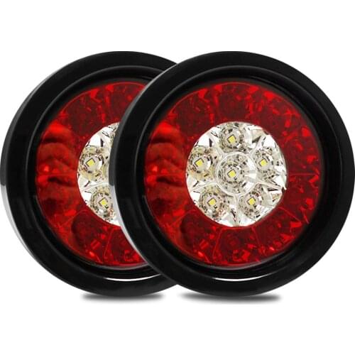 Fuleem 2PCS 4Inch Round LED White Red Taillights with Rubber Grommet 16LED 12V Stop Brake Running Reverse Backup Light For Truck