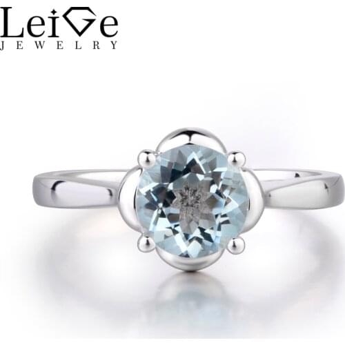 Leige Jewelry Natural Blue Color Aquamarine Ring Engagement Rings For Woman Trendy Gift Round Shape 925 Sterling Silver Gemstone