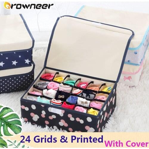 24Grid Cover Printed Underwear Storage Box Foldable Breathable Stackable Washable Separate Drawer Colorful Sock Bra Organization