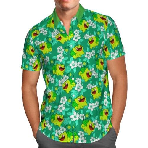 Green Anime Print Short Sleeve Shirts For Men Loose Cardigan Button Shirts Plus Size Hawaiian Style Summer 2021 Ventilated Shirt