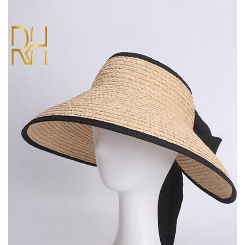 RH Wholesale Raffia Hats Female Holiday Beach Long Bowknow Ribbon Ladies Summer Sun Shade Caps Fashionable Straw Empty Top Visor