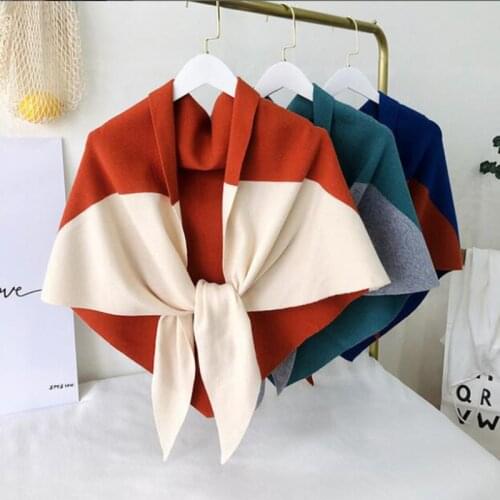 Womens Shoulder Plain Weave Color-Blocking Knotted Triangular Knit Shawl Cape Winter Cloak Thicken Windproof Warm Scarf Q54