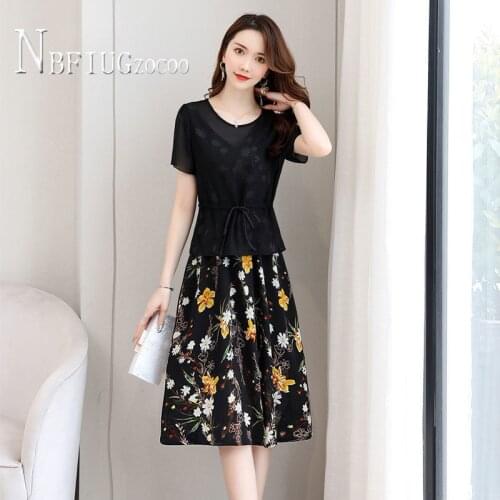 2020 New Chiffon Plus Size Women Sets Flower Printed Dress And Solid Color Blouse Female Sets