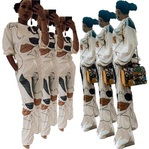 RStylish Autumn 2021 Women Fashion Long Sleeve O-Neck Print Thin Sweatshirt Wide Leg Pants Sport Suit Two Piece Set