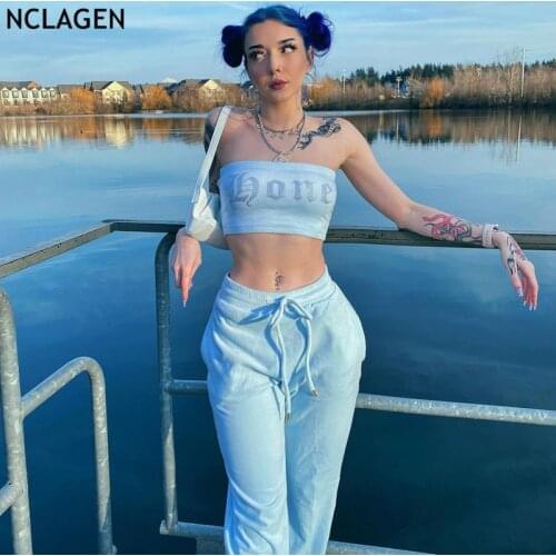 NCLAGEN Bling Rhinestone Letter Women Strapless Tube Tank Top Drawstring Casual Sweatpants Casual Two Pieces Set Sporty Suits