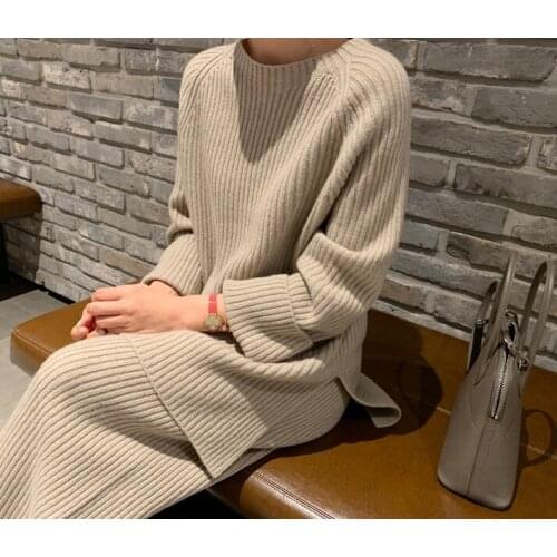 2021 New Fashion Winter Womens Thicken Warm Knitted Pullover Sweater Two-Piece Suits +High Waist Loose Wide Leg Pants Set
