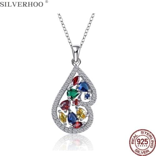 SILVERHOO 925 Sterling Silver Water Drop Shape Pendant Necklaces For Women Colorful Cubic Zircon Necklace Charms Silver Jewelry