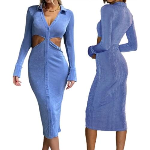 Women Sexy Low-cut Hollow Out Long Dress Solid Color Turn-Down Collar Long Sleeve Maxi Dress Casual Tight Wrap Hip Split Dress