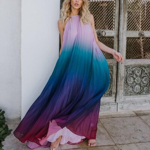 Summer women chiffon dress Women Sexy Backless Halter Sleeveless Tye Dye Boho Long Maxi Dress Loose Beach Tunic Bohemian Dress