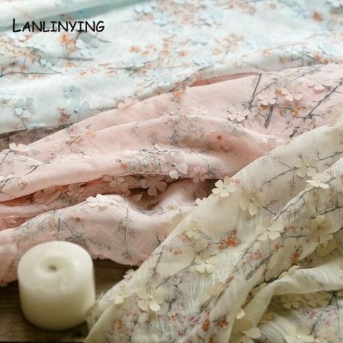 150CM Wide Retro Printing 3D Flower Organza Tulle Lace Fabric Soft Elegant Wedding Gown Bridal Dress DIY Cheongsam Fabric D689