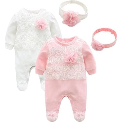 2019 spring baby products lace long sleeve rompers + headwear 2 pieces Organic Baby Clothes princess newborn Girl Jumpsuit