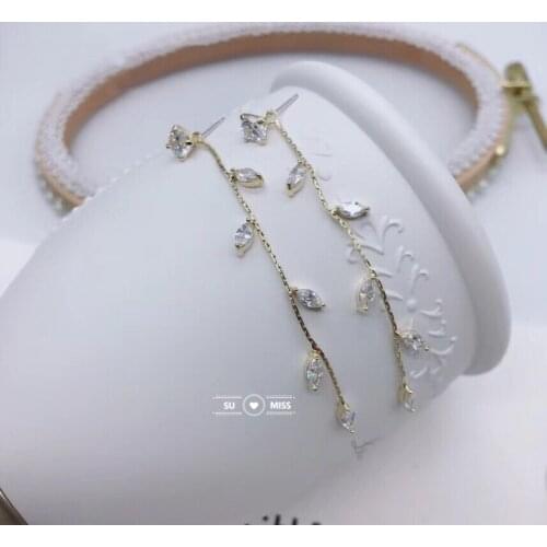 Free Shipping New Arrivals Hot Fashion Long Statement Branch Leaves Copper Chain Tassel Crystal Drop Earrings For Women Jewelry