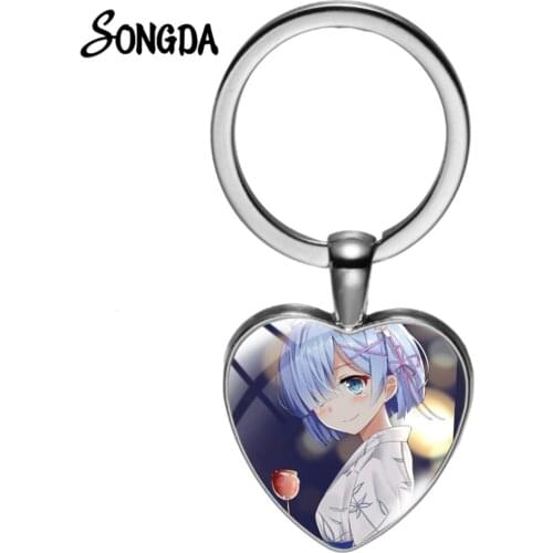 Anime Re:Life A Different World From Zero Keychain Ram Rem Emilia Cute Cartoon Printed Glass Time Gem Heart Key Chain Otaku Gift