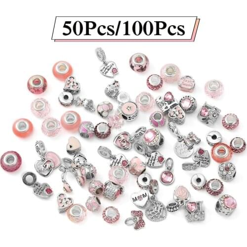 Mixed Random Delivery Silver Plated Pink Beads Charms Fit Brand Europe Bracelets Necklace For Women Jewelry Making Special Offer