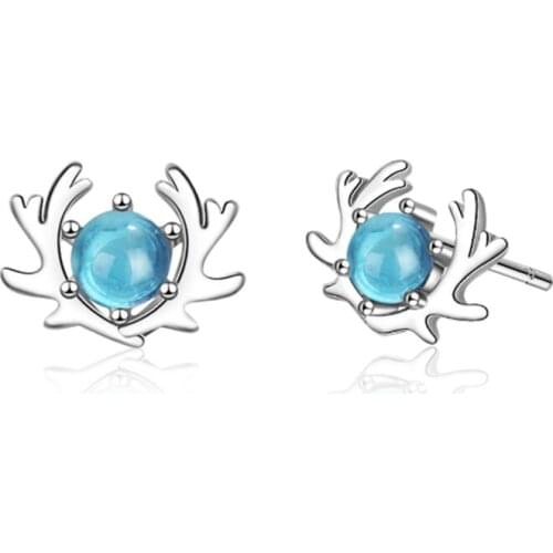 Korean version of sweet and cute fashion trend blue crystal antler design sense silver plated stud earrings WE090