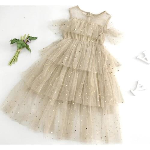 Sweet Girls Mesh Sheer Long Dresses Shine Star Sequin Mesh Sleeveless Dress Teens Girls Party Christmas Dress Vestidos CA959