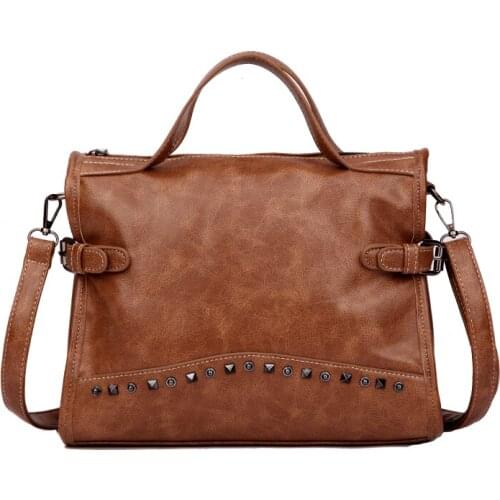 Fashion Women Top-handle Messenger Bags Rivets Quality Leather Female Shoulder Bag Large Vintage Motorcycle Tote Crossbody Bag