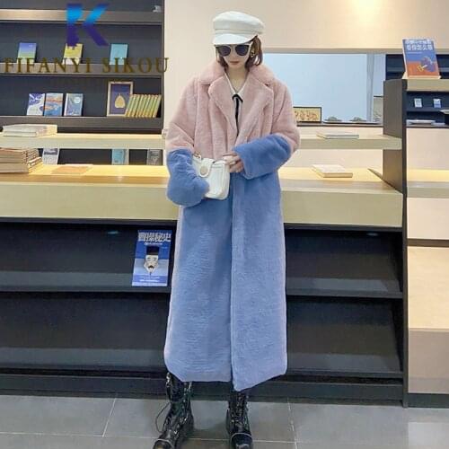 Fashion Patchwork Women Faux Rabbit Fur Jacket Thick Warm Winter Coat Lady Lapel Luxury Long Fur Coat Loose Plus Size Plush Coat