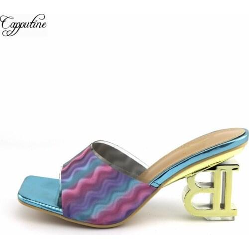 Latest Sky Blue With Colorful Design Pumps Womens Strange Heel (7.5CM )Evening Shoes CR517