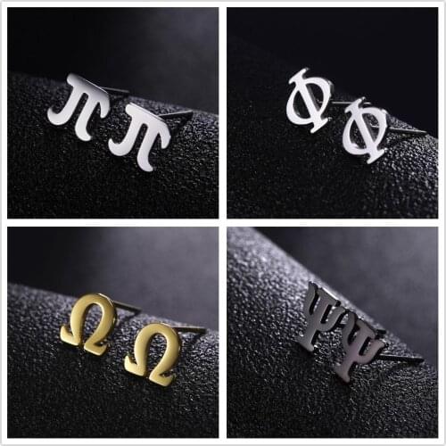 Skyrim New Greek Letters Stud Earrings Pi Phi Psi Women Girls Stainless Steel Gold Color Black Mini Earring Studs Jewelry Gift