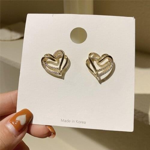 New Fashion Heart Metal Women Classic Stud Earrings Korean Double Layer Hollow Drill Earrings Love Simple Earring Jewelry