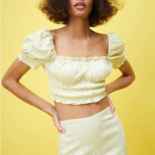 New product womens printed blouse short-sleeved short slim-fit elastic shirt top