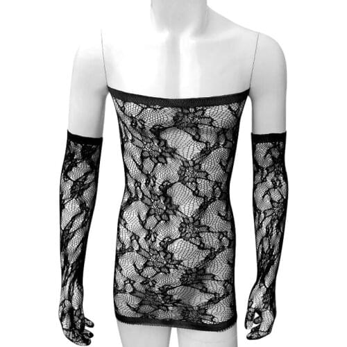 See Through Mens Bodystocking Sexy Adult Costume Lingerie Slim Fit Mesh Hollow Out Skirts Bodysuit Crossdressers Sleepwear