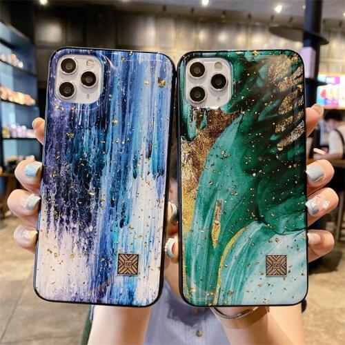 Luxury Marble Jade Texture Silicone Epoxy Case For iPhone 12 11 Pro Xs Max Mini SE X XR 7 8 Plus Glitter Gold Foil Feather Cover