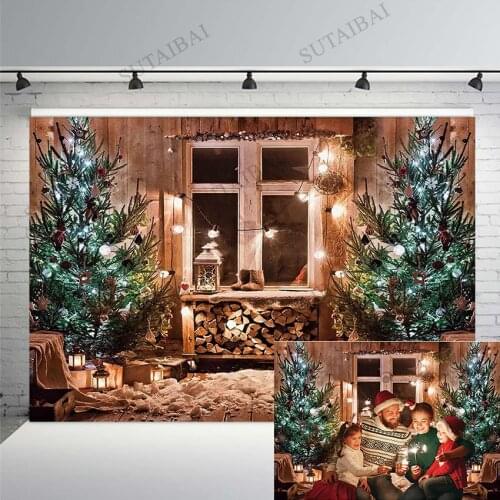Christmas Fireplaces Decoration Interior Vintage Wood Window Lights Xmas Tree Winter Photography Baby Photo Studio Background