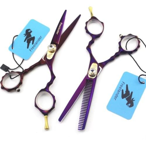 Handle Hairdressing Scissors Flat Cutting Tooth Scissors Thinning Shears Purple Personality Bamboo Japan 440C 5.5 Inch Size Type