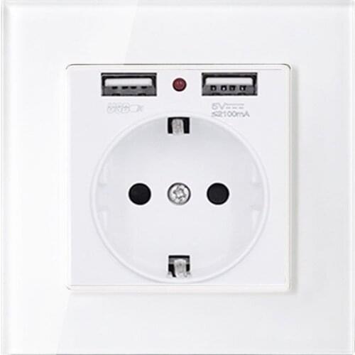 Crystal Glass Panel Dual Usb Charging Port 2.1a Wall Charger Adapter 16a Eu Socket Power Outlet White/black/gold/red