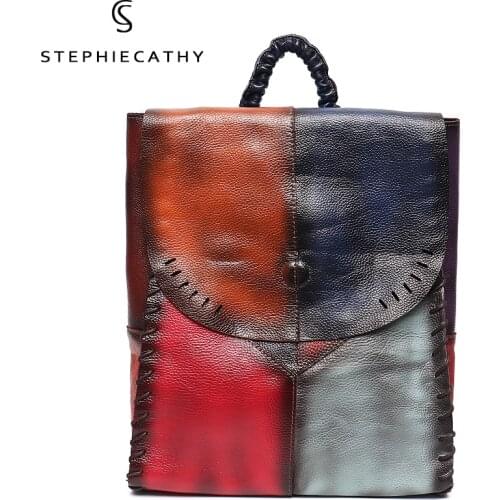 SC Luxury Women Vintage Colorful Genuine Leather Patchwork Backpack Brand Large Flap Shoulder Bag Female Casual Travel Knapsacks