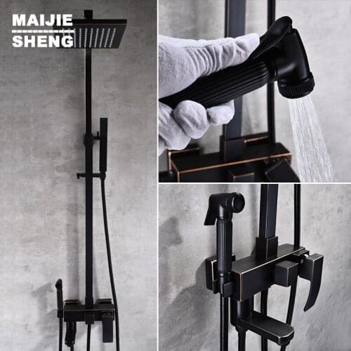 Maijiesheng Black retro Shower Faucets Brass Black Bathtub Faucet Square Tube Single Handle Top Rain Shower With Slide bidet