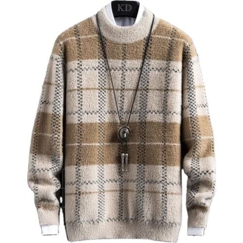 Sweater Men Clothes 2021 Winter Thick Plush Warm Mens Plaid Sweaters Fashion Classic Round Neck Mens Pullover Warm Pull Homme