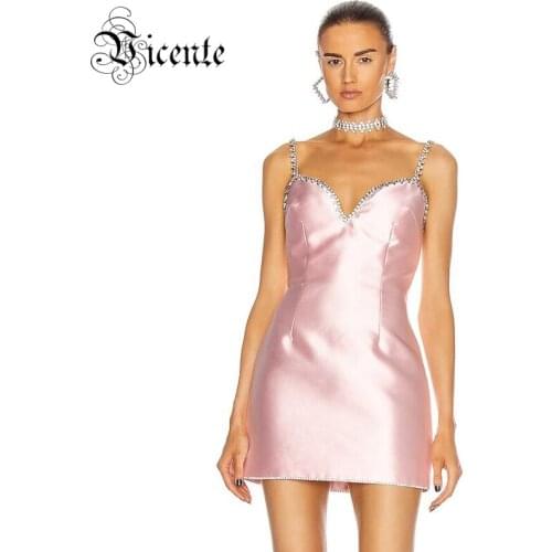 VC Trendy Satin Slip Dress Crystal Beads Embellished Sexy V Neck Sleeveless Celebrity Party Club Vestido Free Shipping