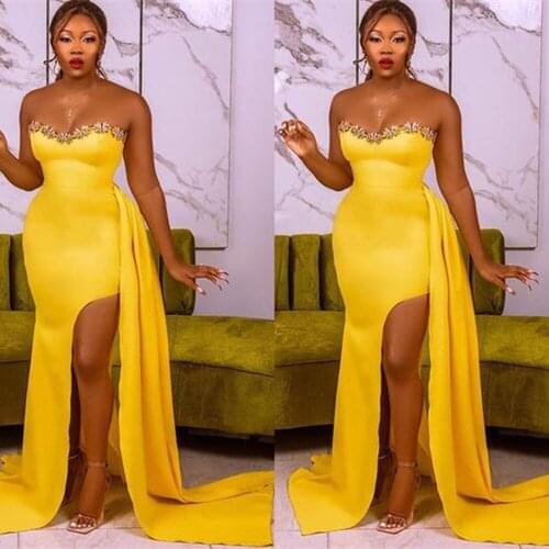 YIWUMENSA Gold Strapless Mermaid Prom Dresses 2021 Soft Satin High Split Formal Evening Dinner Daily Party Gowns Custom Made