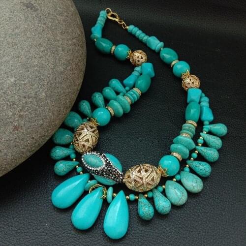 YYGEM 18'' 2 Strands Multi Shape Blue Turquoise CZ pave gold plated charm Necklace