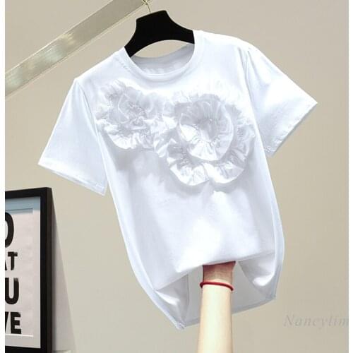 Woman T Shirt 2021 Summer Korean Style Loose Fashion Heavy Industry Three-Dimensional Flower Solid Color Short Sleeve Casual Top