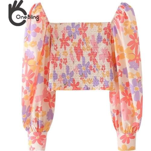 OneBling Floral Print Summer Fashion Puff Sleeve Slim Off Shoulder Crop Tops Shirred Body Casual Women Short Blouses Female Traf