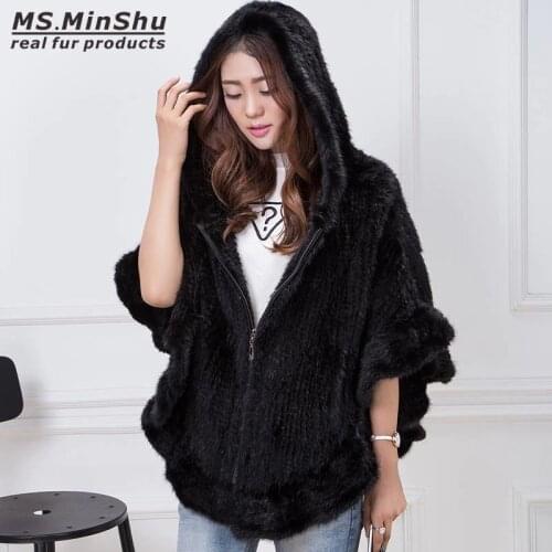 MS.MinShu Hand Knitted Mink Fur Poncho Women Real Fur Cape Hooded Coat Zipper Fashion Ladys Outwear Genuine Mink Fur Shawl