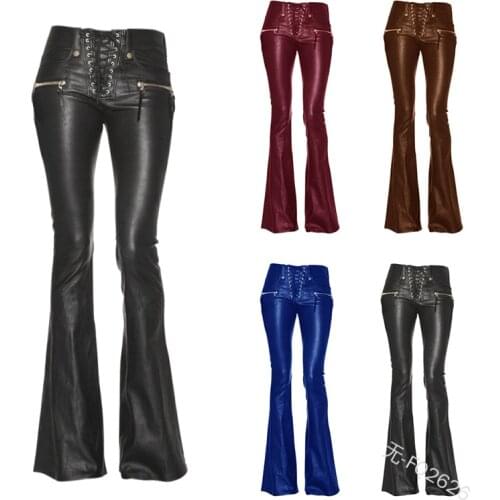 Faux Leather Flare Pants High Street Ladies Harajuku Aesthetic Female Trousers Y2K Spring pants celebrity style