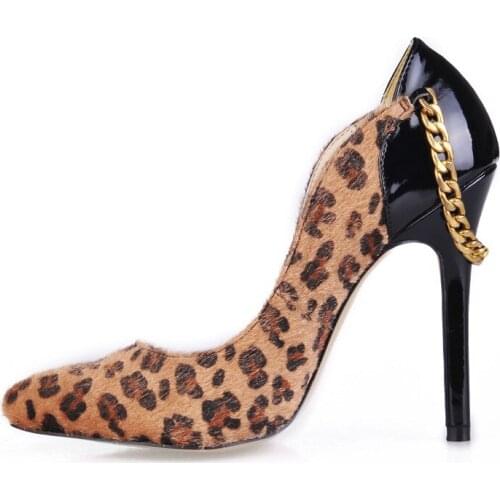 New Fashion Women Leopard Suede Leather Pointed Toe Chain Design Pumps Thin High Heels Formal Dress Shoes Free Shipping